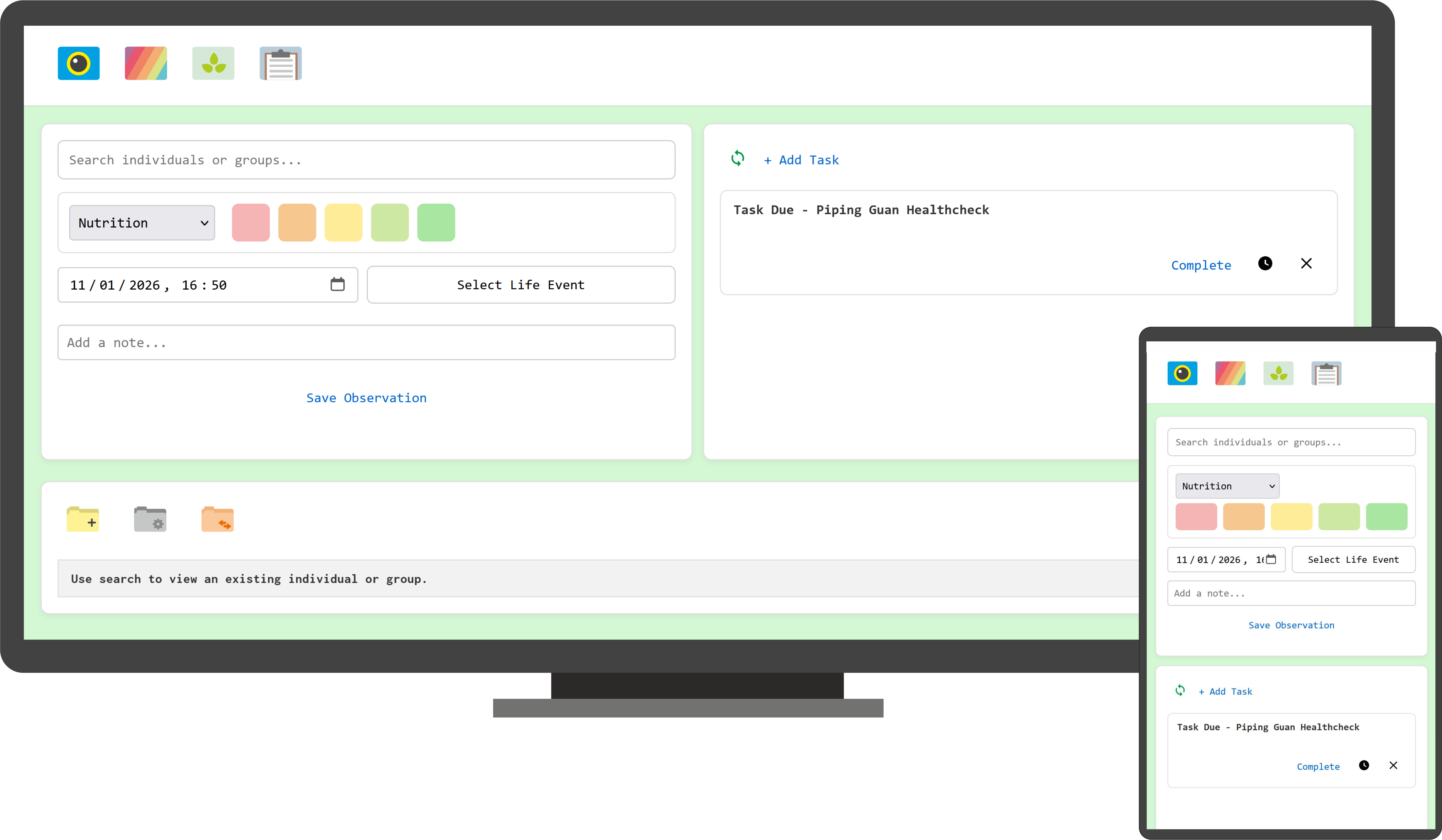 ZooMS interface preview showing observation and tasks